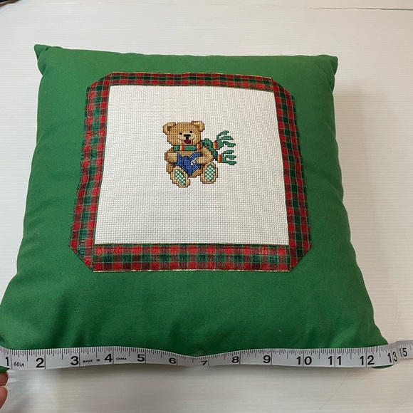 VTG Handmade Christmas Cross-stitch Bear Pillow Green and Red 13”X13” - Picture 2 of 5